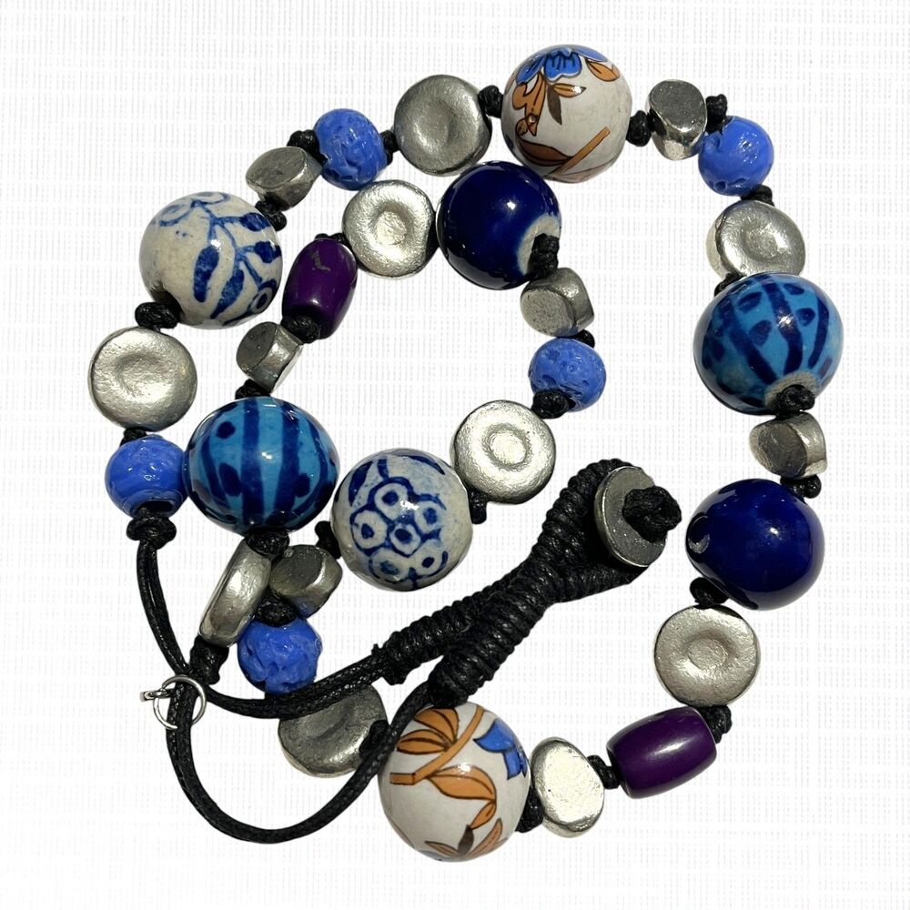 VTG Hand Painted Artisan Necklace Blue Floral Ceramic Glass Silver Tone Metallic